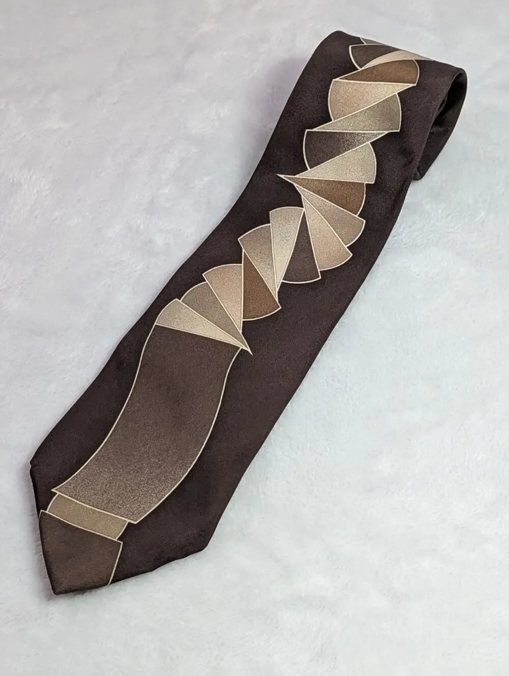 Vintage Ferracci Silk Tie Brown Tan Geometric Ribbon 3D Art Deco Mens Necktie